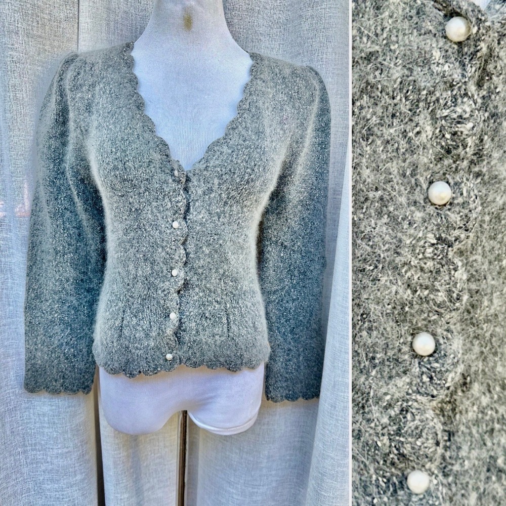 I.B.DIFFUSION Scalloped Hem Silk/Angora Button Down Cardigan